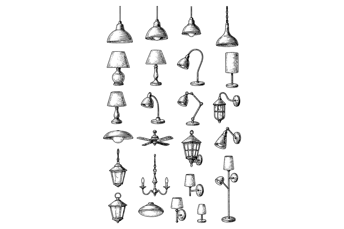 Lamp and Light Types Engraved Set, an Object Graphic by nikagraphic