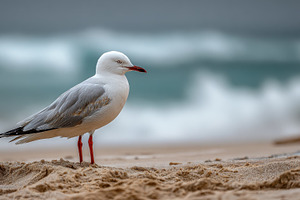 White seagull on sandy beach ocean w, a Photo by Pixeness Studio