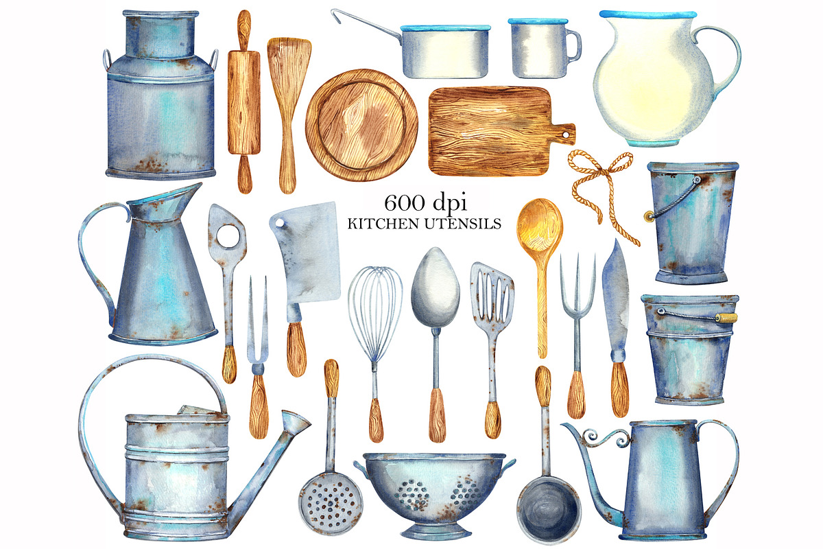 Watercolor ANTIQUE KITCHEN UTENSILS, an Object Graphic by JennyColorArt (Photo 4 of 5)