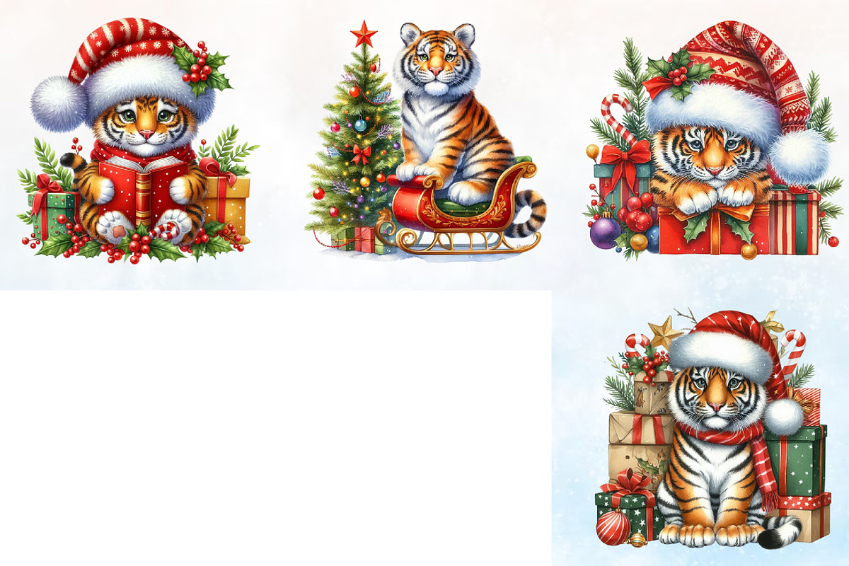 Watercolor Christmas Tiger Clipart, a Seasonal Illustration by Rose Art (Photo 3 of 3)