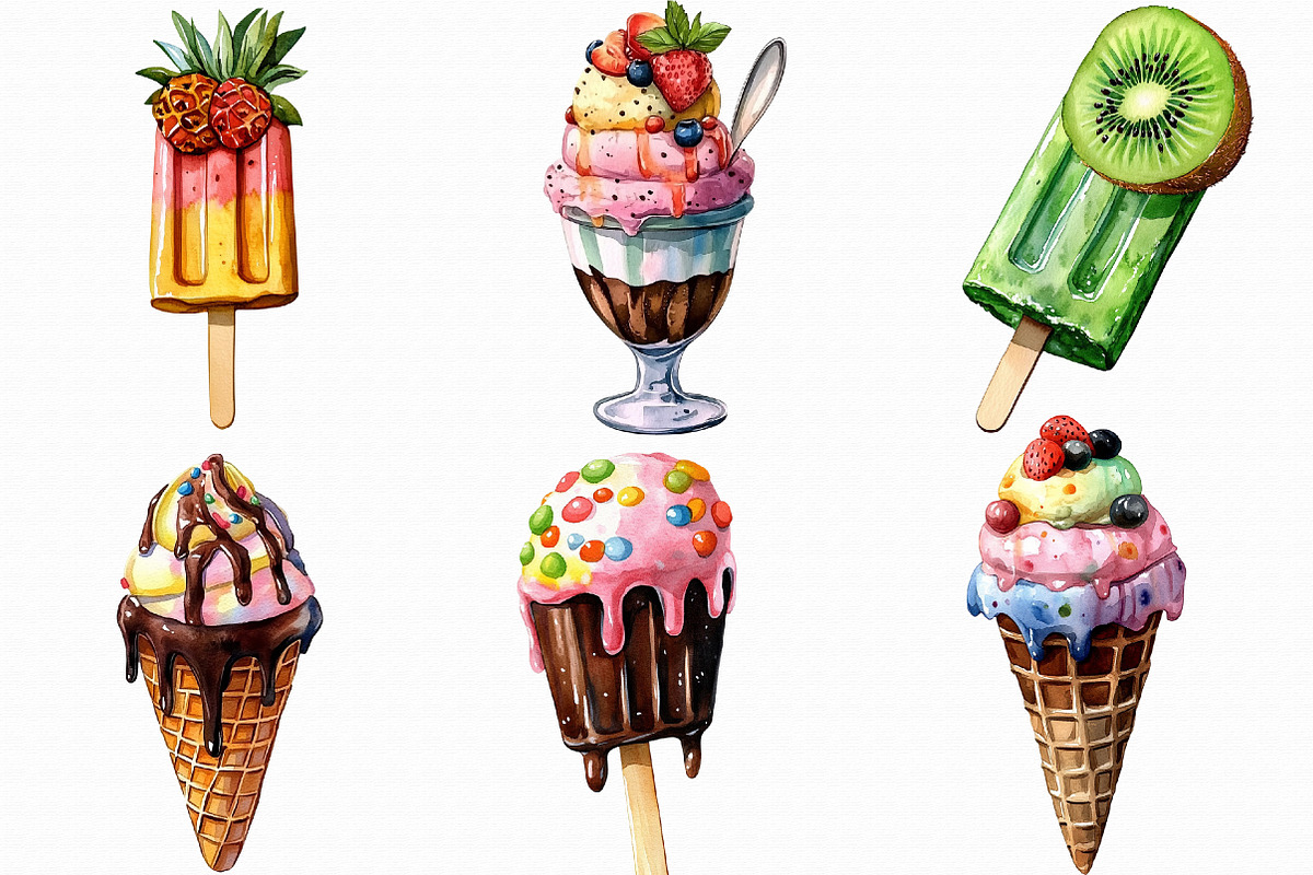 Watercolor Ice Cream Clipart, an Illustration by Libby Wishes (Photo 2 of 7)