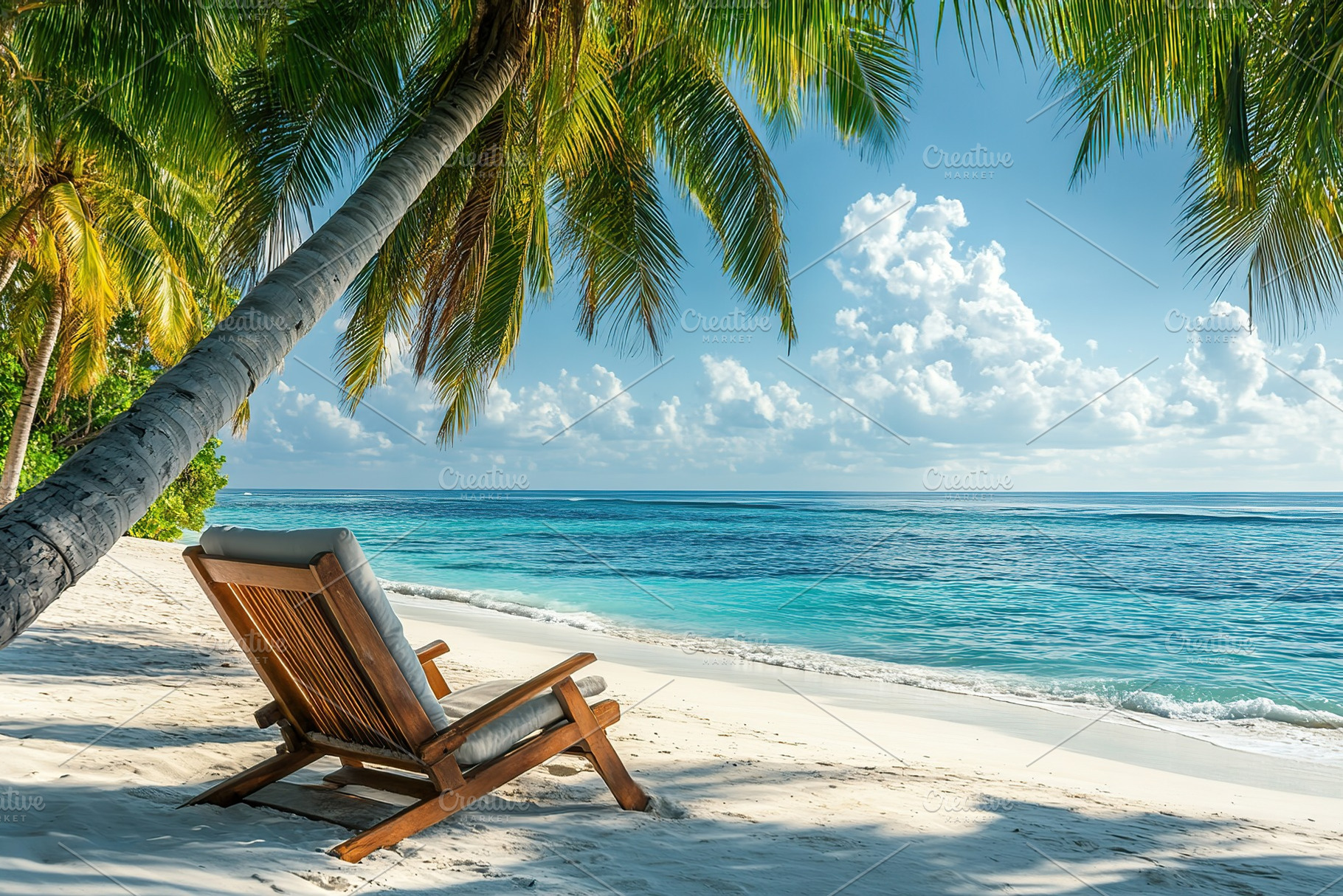 Relaxing wooden chair by the calm beach with a soft pillow in bright daylight, a Nature Photo by AlyaAnd