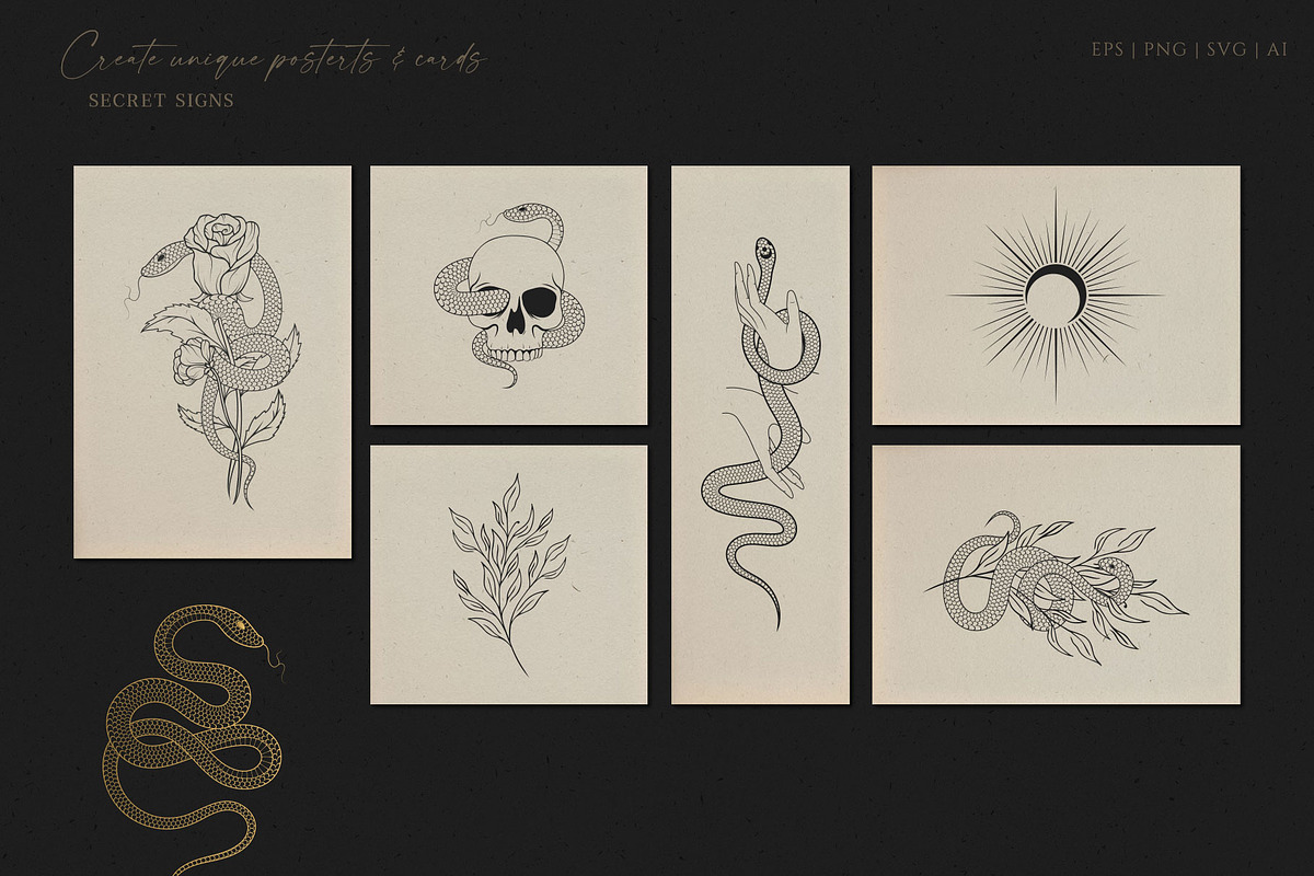 Hand Drawn Celestial Snakes & Sculls, an Animal Illustration by KirillsWorkshop (Photo 7 of 10)