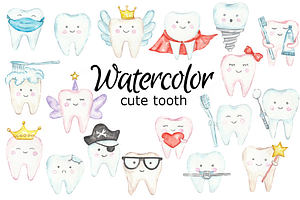 Cute tooth watercolor clipart