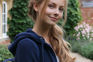 Blond hair girl with a genuine smile on her face, posing for a p, a Person Photo by Studio ANNA