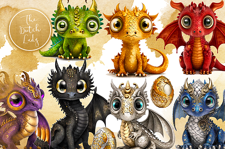 Cute Little Dragons Clipart Set, an Animal Illustration by The Dutch Lady Designs