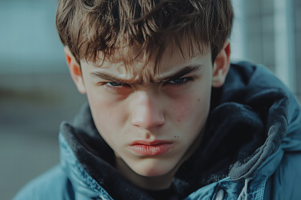A close-up portrait of a young boy with a serious expression, furrowed brows, a, a Person Photo by Textures & Backgrounds