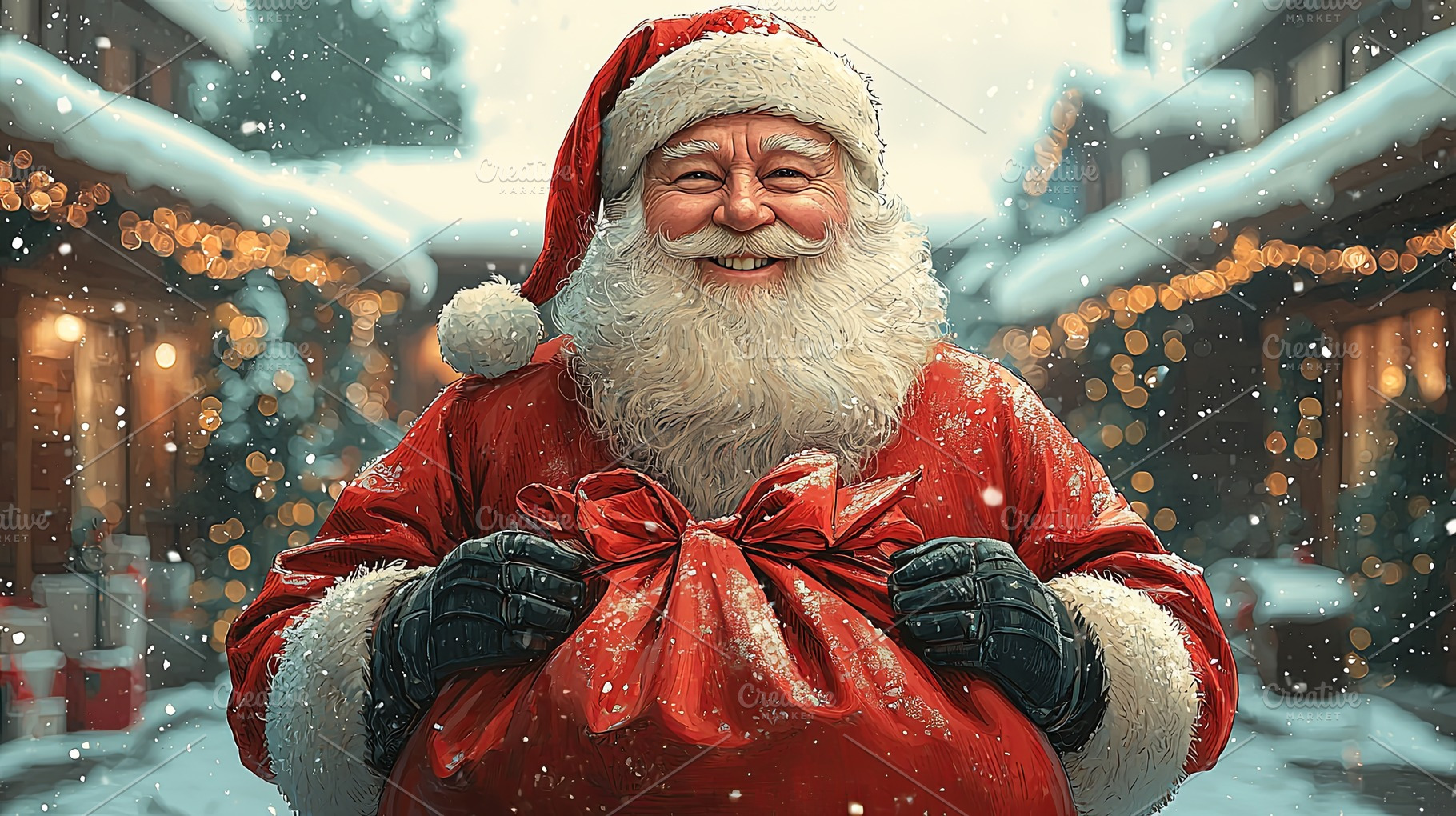 Santa Claus smiling in a festive village during a snowy holiday evening, a Photo by AS photostudio