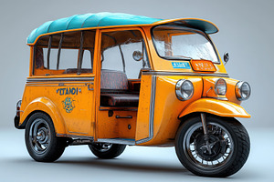Classic yellow tuk-tuk with blue can, a Photo by Tanuart