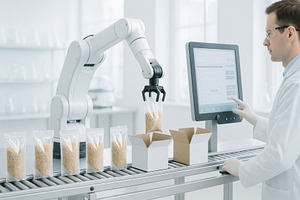Robotic food packaging assembly line, a Photo by Dvoevnore photos