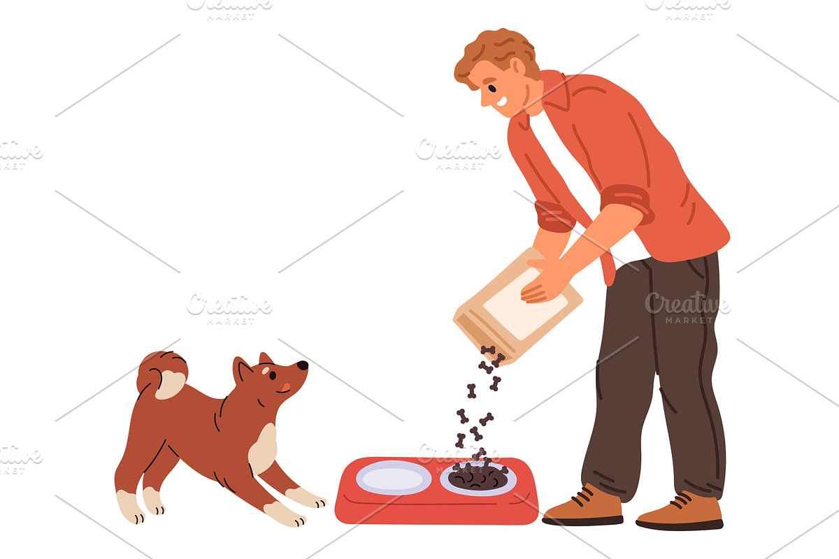 Young man feeds his favorite dog, an Animal Illustration by Vectorbuum