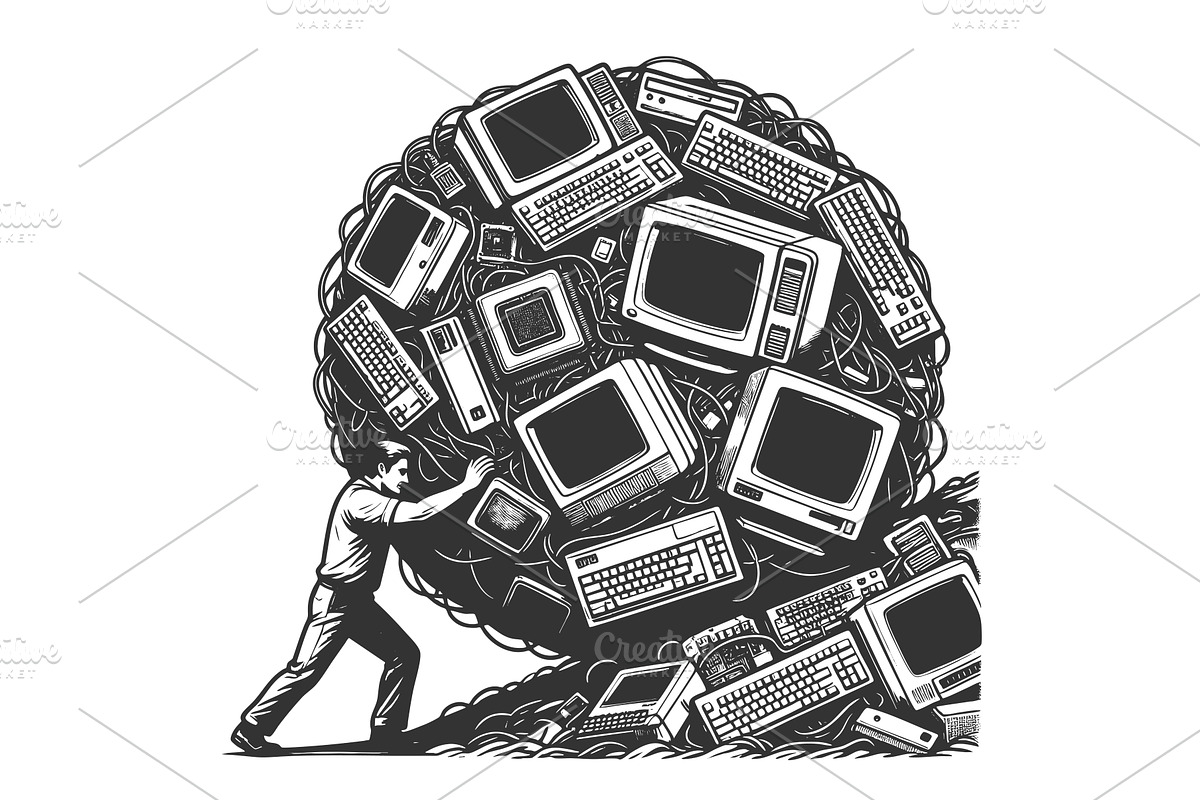 Modern Sisyphus Pushing Ball of, a Technology Illustration by AlexArt