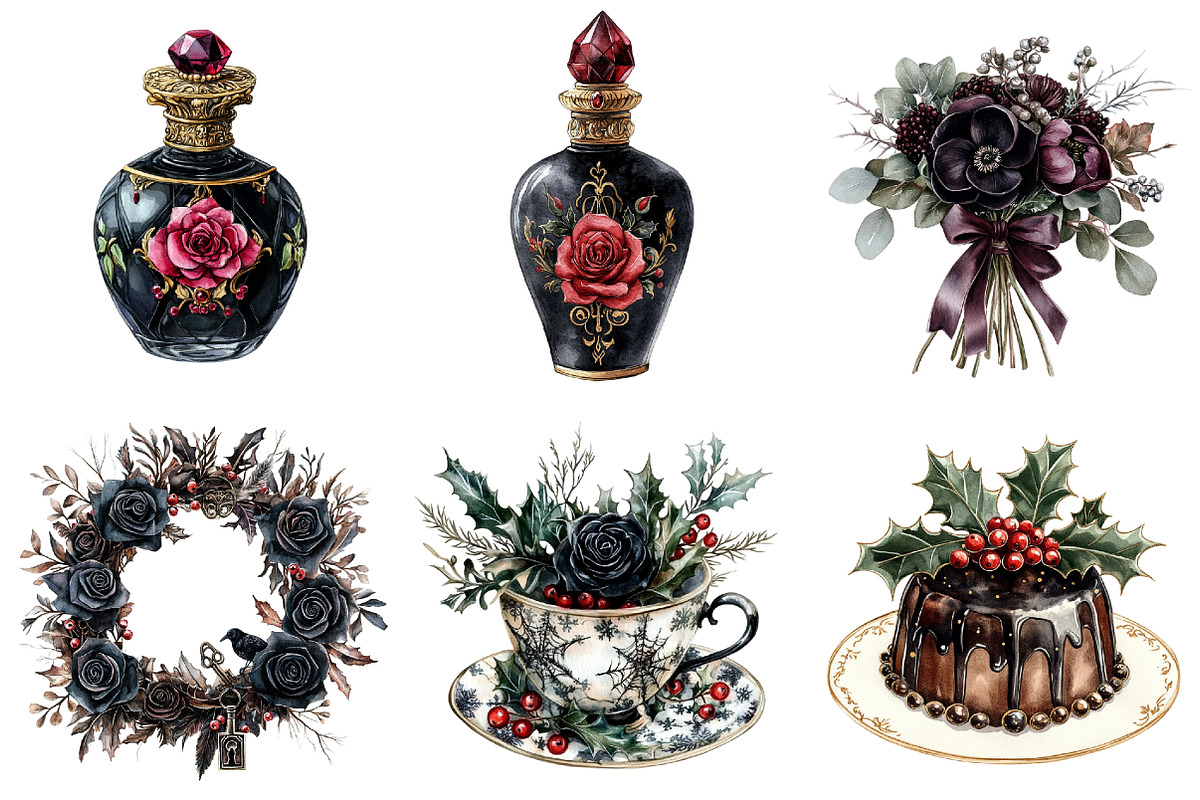 Watercolor Gothic Christmas Clipart, a Seasonal Illustration by CitraGraphics (Photo 5 of 7)