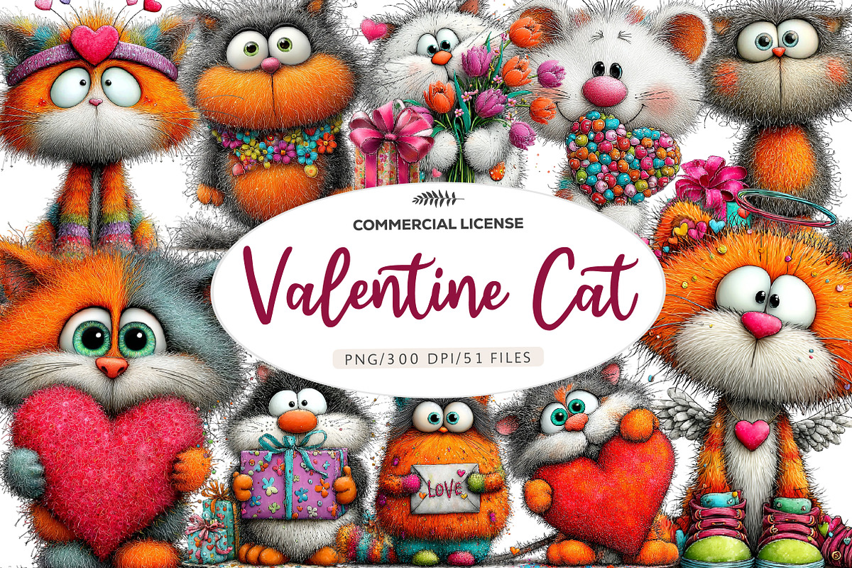 Whimsical Valentine Cat Clipart, an Illustration by CreationArt (Photo 1 of 5)