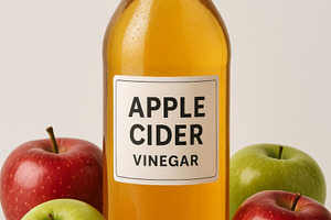 Apple cider vinegar bottle with red, a Photo by Dvoevnore photos