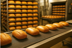 Freshly baked loaves of bread on a, an Illustration by Sergey Kotenev