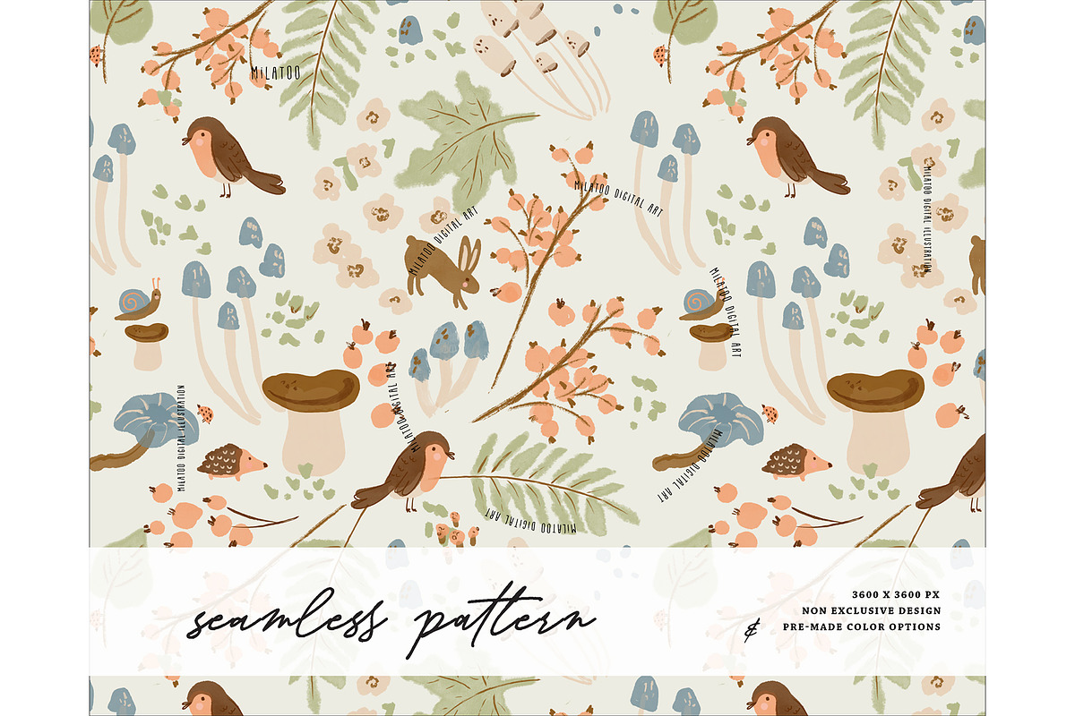 Nursery mushrooms bird plant pattern, a Pattern Graphic by Milatoo (Photo 1 of 3)