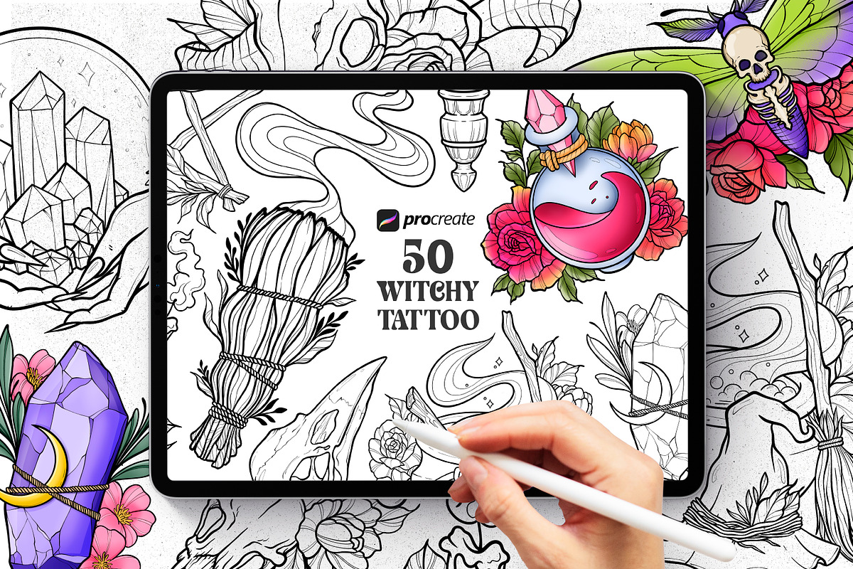 50 Witchy Tattoo Procreate Stamps, a Brush Add-On by SecondOfJuly (Photo 1 of 6)