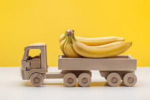 Wooden toy truck with bananas featuring banana, bunch of bananas, and yellow