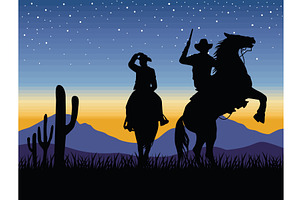 Cowboys With Horses Silhouette