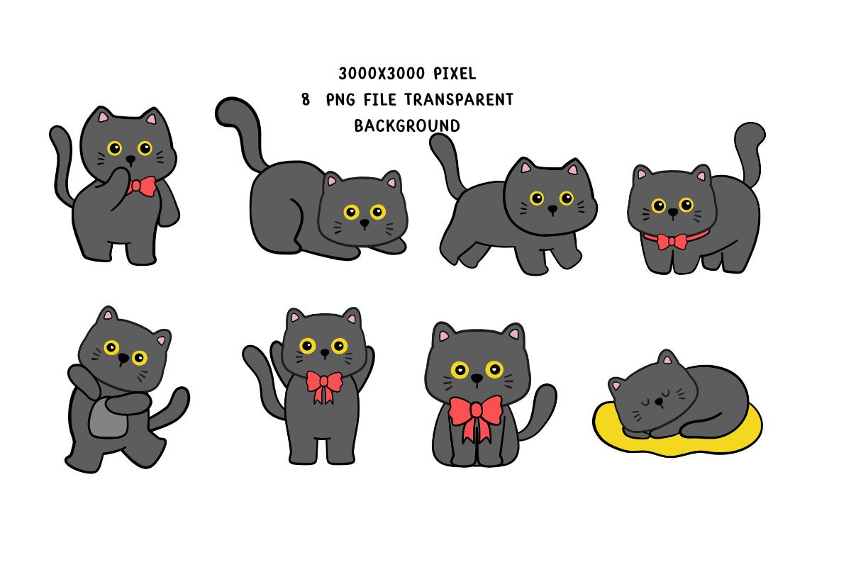 Cute Cat Clipart PNG Kawaii Bundle, an Animal Illustration by Nattapohncha (Photo 2 of 3)