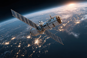 Spacecraft orbiting Earth at sunrise, a Photo by Pixeness Studio