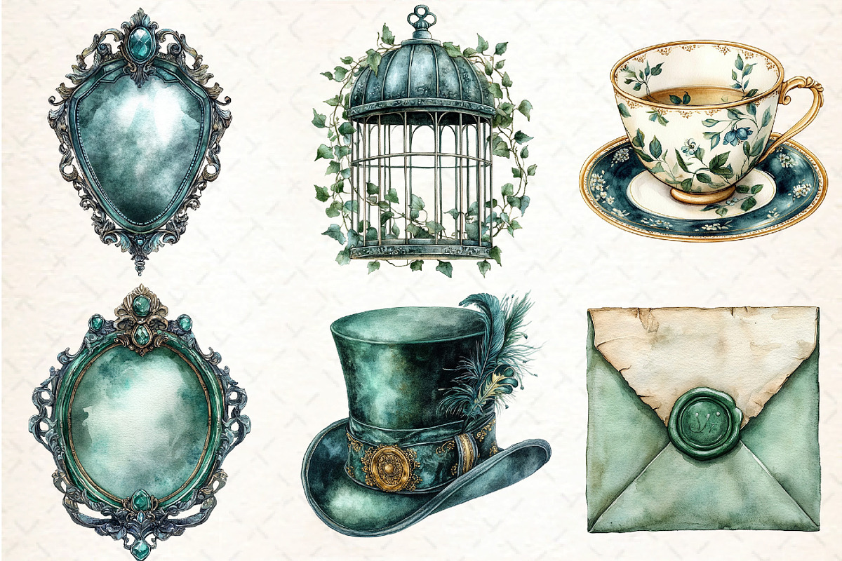 Watercolor Emerald Victorian Clipart, an Illustration by DreamCafeArt (Photo 3 of 7)