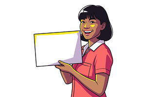 Smiling Woman Holding Blank Sign, a Person Illustration by AlexArt
