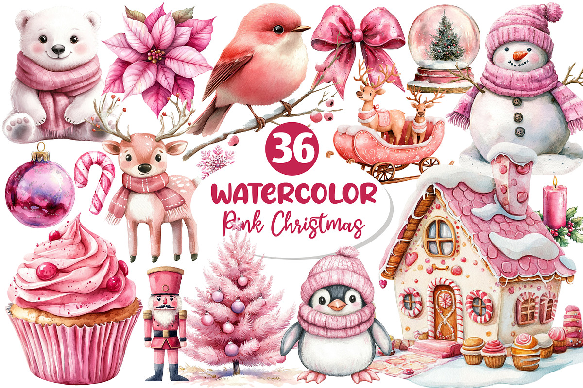 Pink Christmas Watercolor Clipart, an Illustration by Dream Creation (Photo 1 of 7)