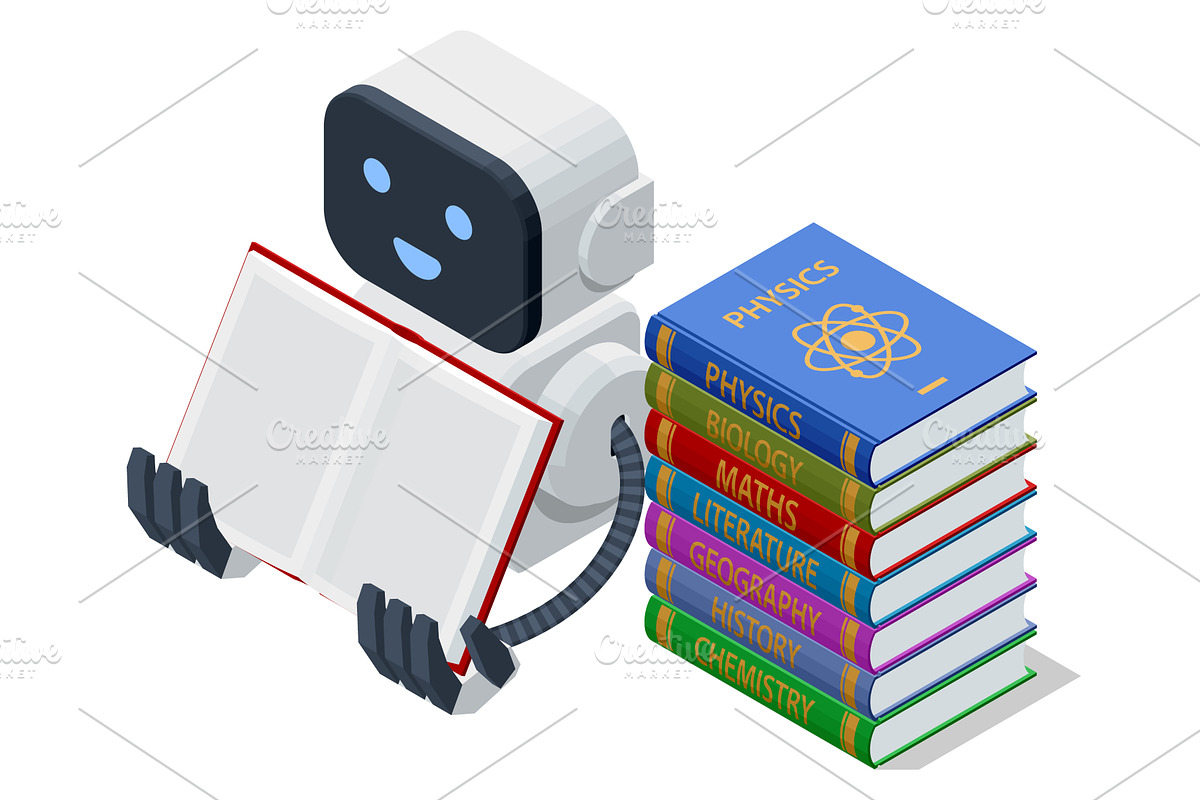 Isometric AI robot reading book with, an Education Illustration by Golden Sikorka