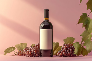 Wine bottle with blank label surrounded by clusters of grapes on a soft pink ba, a Food & Drink Photo by AlyaAnd