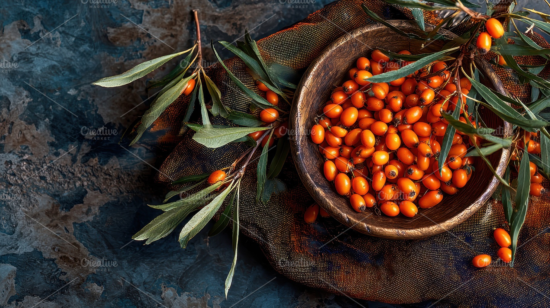 Sea buckthorn berries gathered, a Photo by Pavel_design