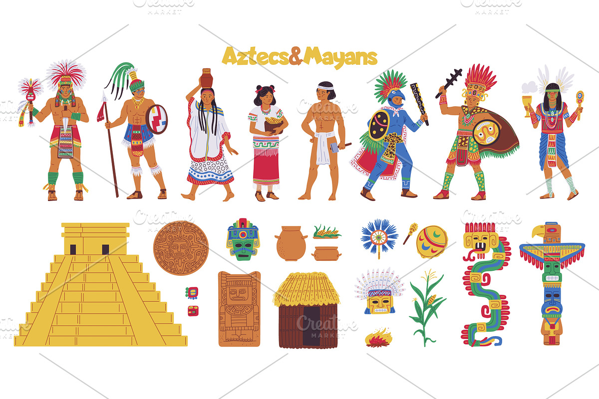 A vector set dedicated to the Aztecs, an Object Illustration by Sabelskaya