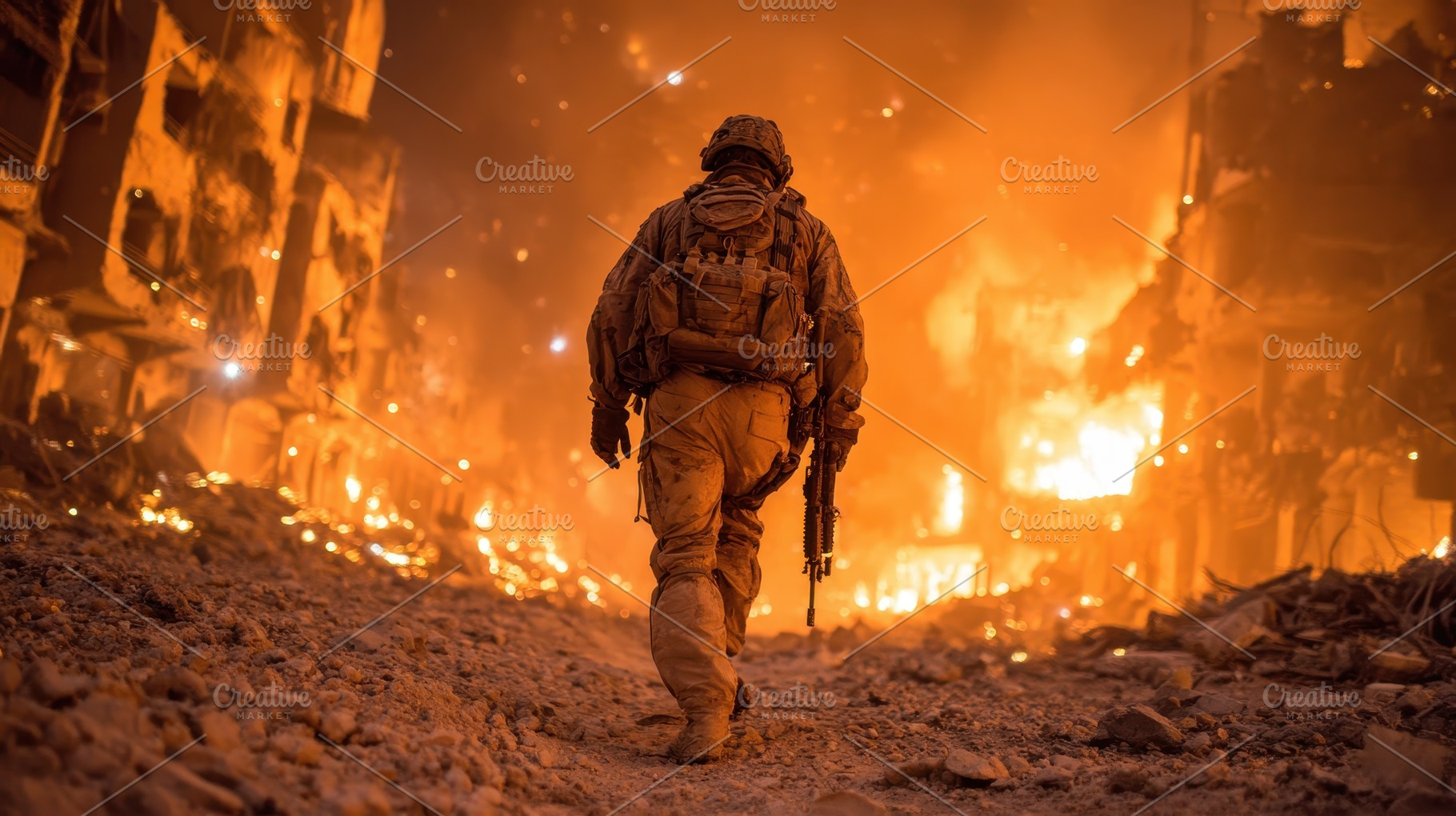 Soldier Walking Through Warzone Fire, a Photo by Pixeness Studio