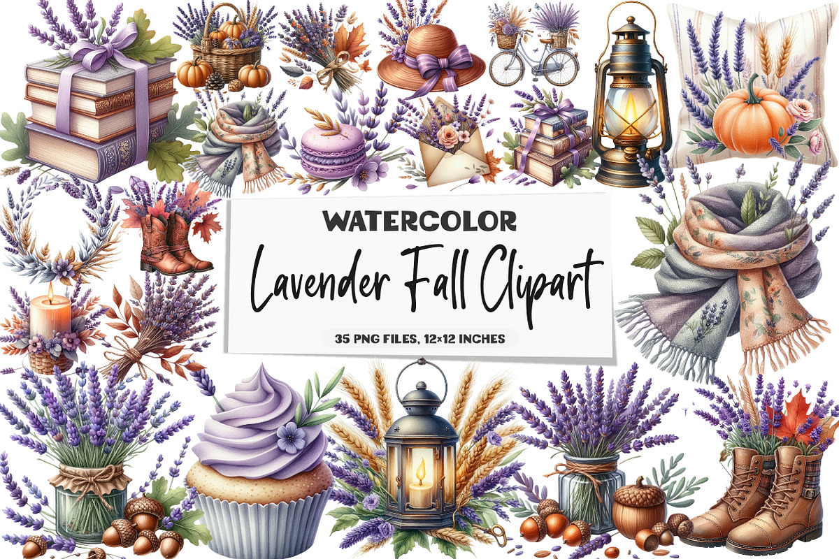 Watercolor Lavender Fall Clipart, an Illustration by DreamArtGraphic (Photo 1 of 5)