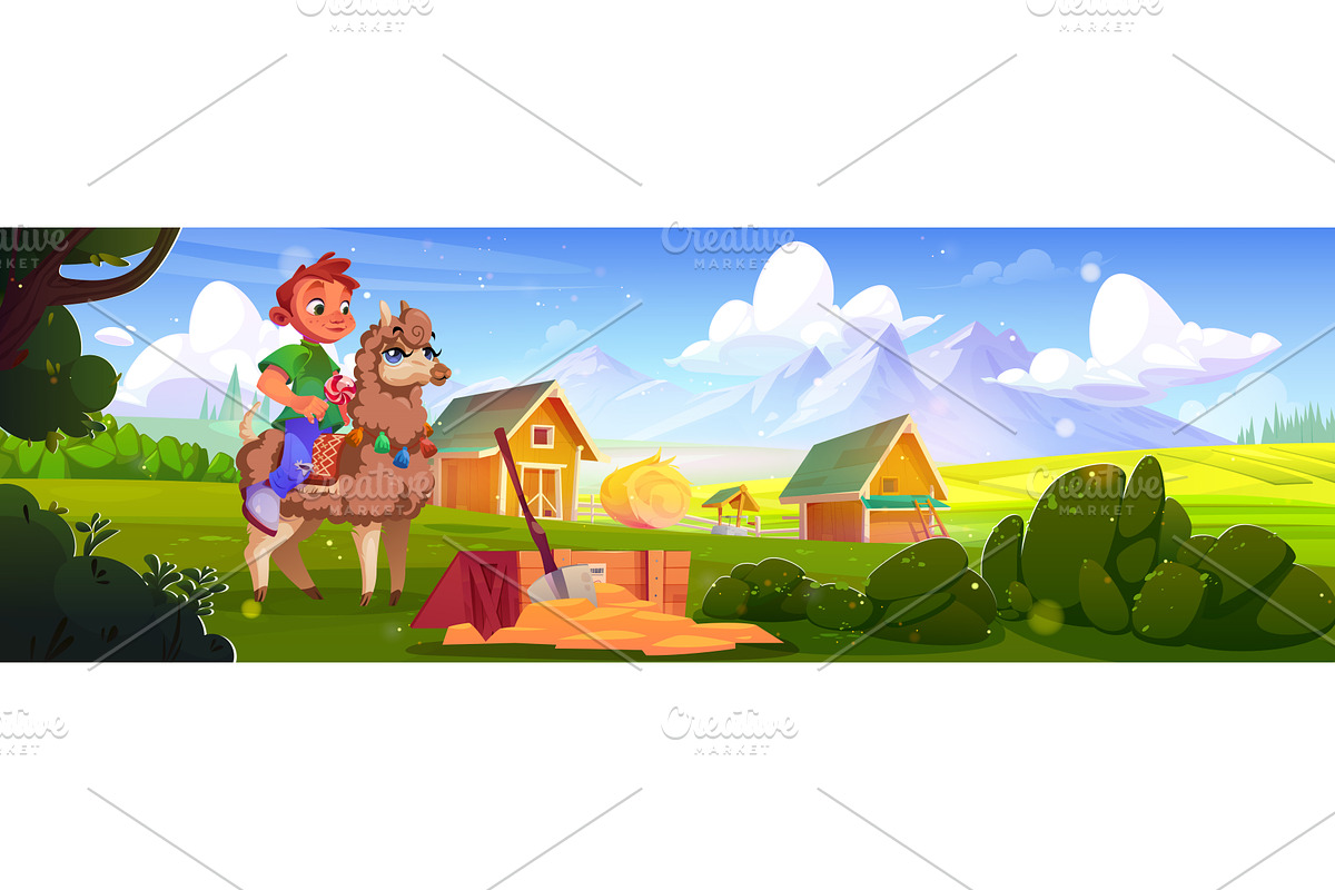 Boy rides llama in country village, a Person Illustration by art PVP - market