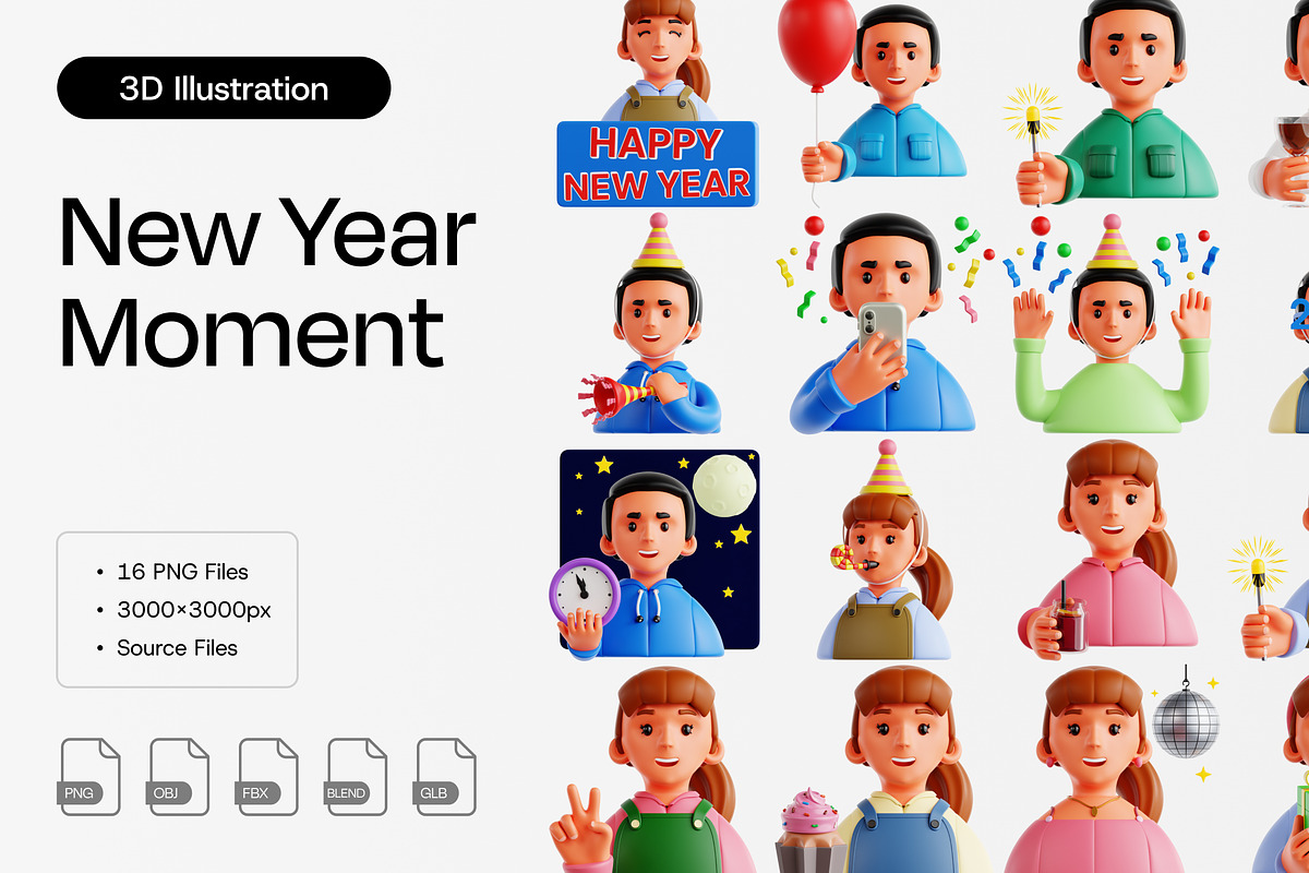 New Year Moment 3D Icon Set, a Characters & Person 3D Model by Eklip Studio (Photo 1 of 2)