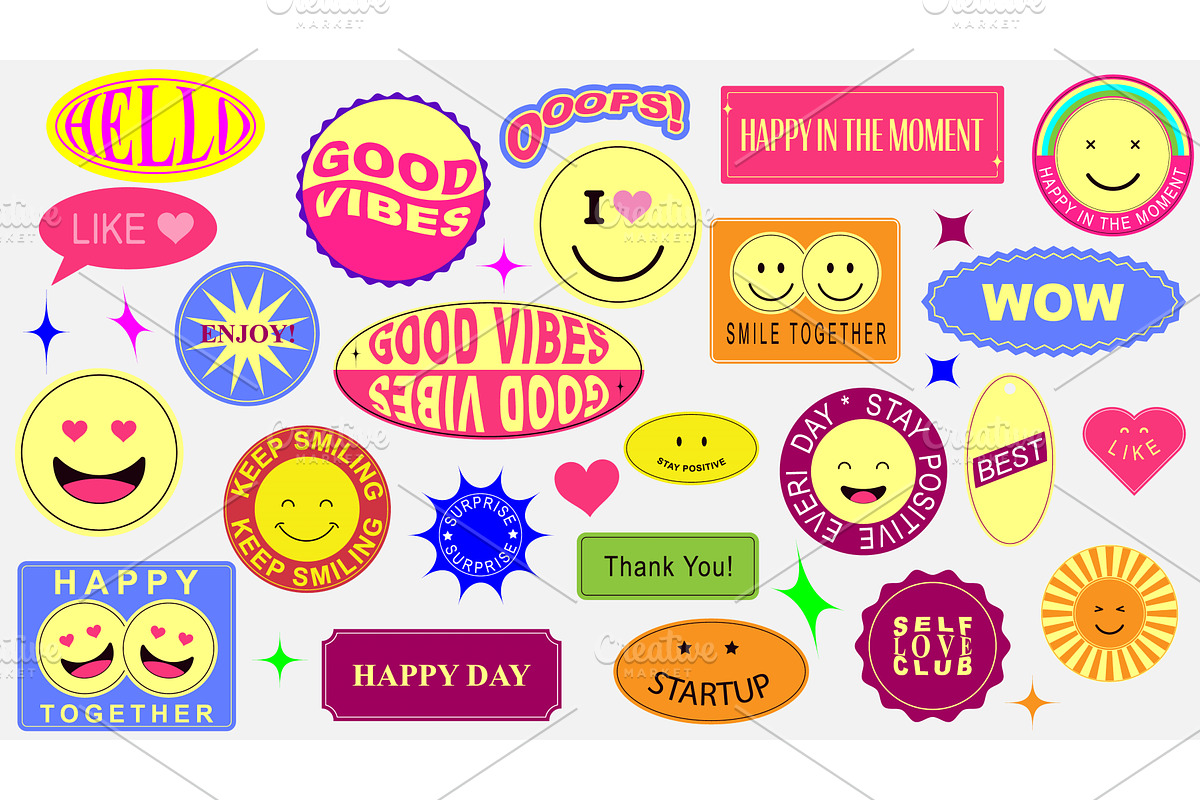 Smiling pop art label stikers shape., an Illustration by Vector graphics