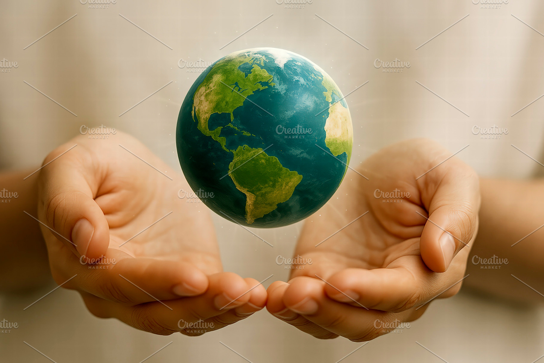 Hands holding floating Earth, a Photo by rarrarorro