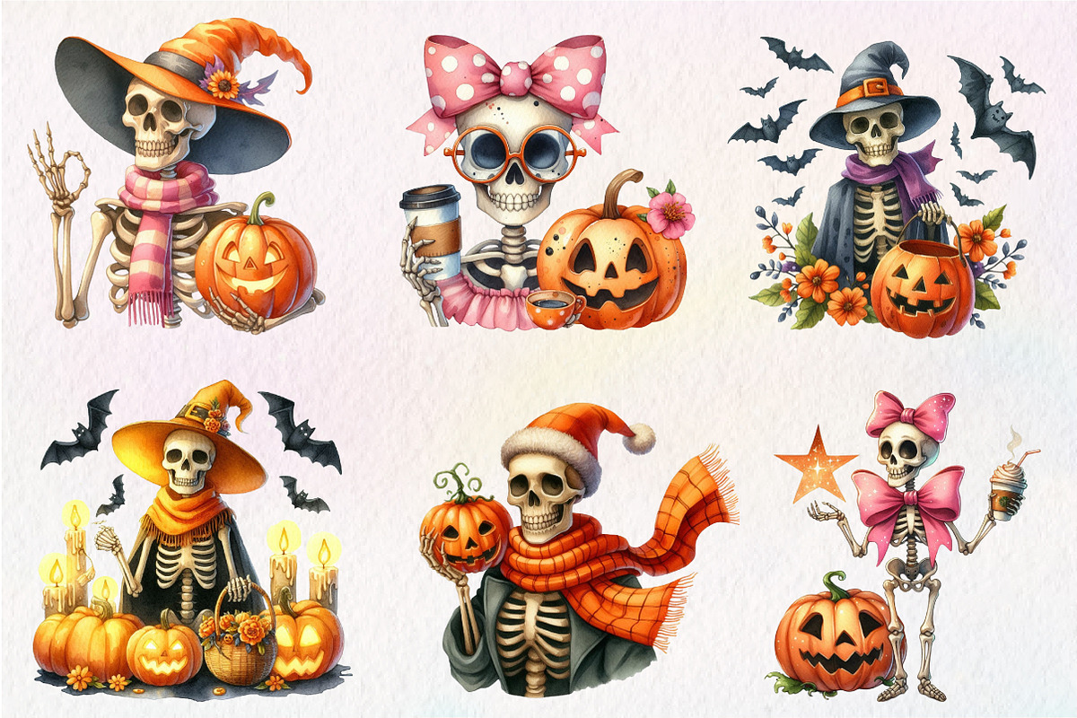 Funny Halloween Skeleton Clipart, an Illustration by CreationArt (Photo 3 of 5)