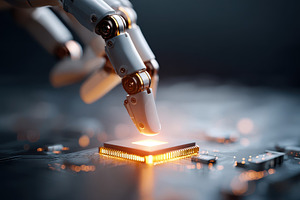 Robotic Hand Touching Glowing Microchip on Motherboard, a Technology Photo by AlyaAnd