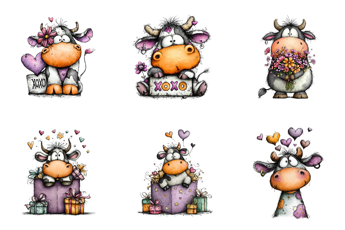 Whimsical Valentine Cow Clipart, an Illustration by CreationArt (Photo 2 of 6)