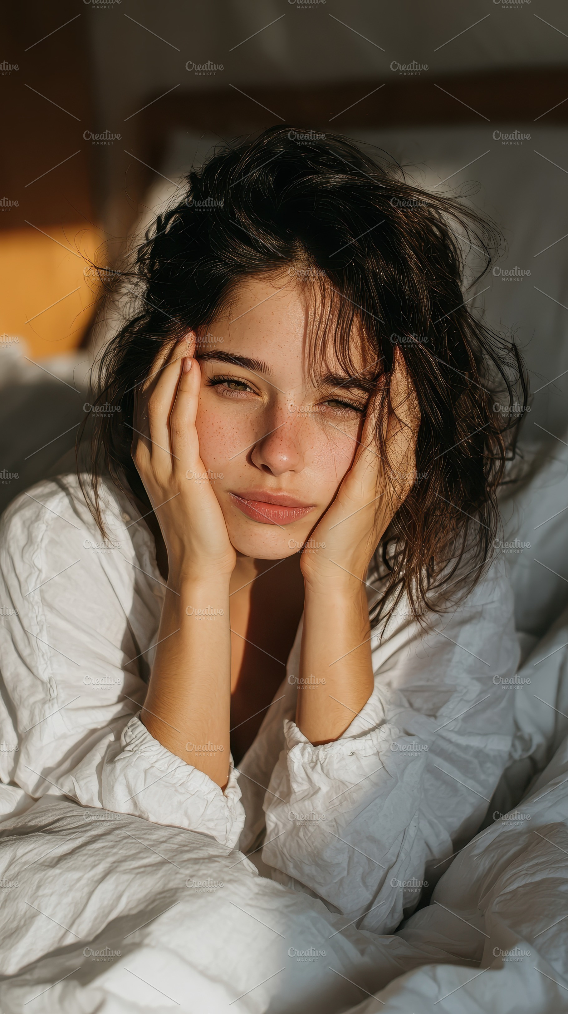 Woman in white shirt resting in bed, a Photo by Pixeness Studio