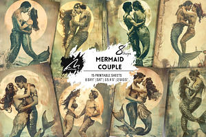 Vintage Mermaid Couple, Paper Print, a Person Illustration by Digital Art Mahdiseño