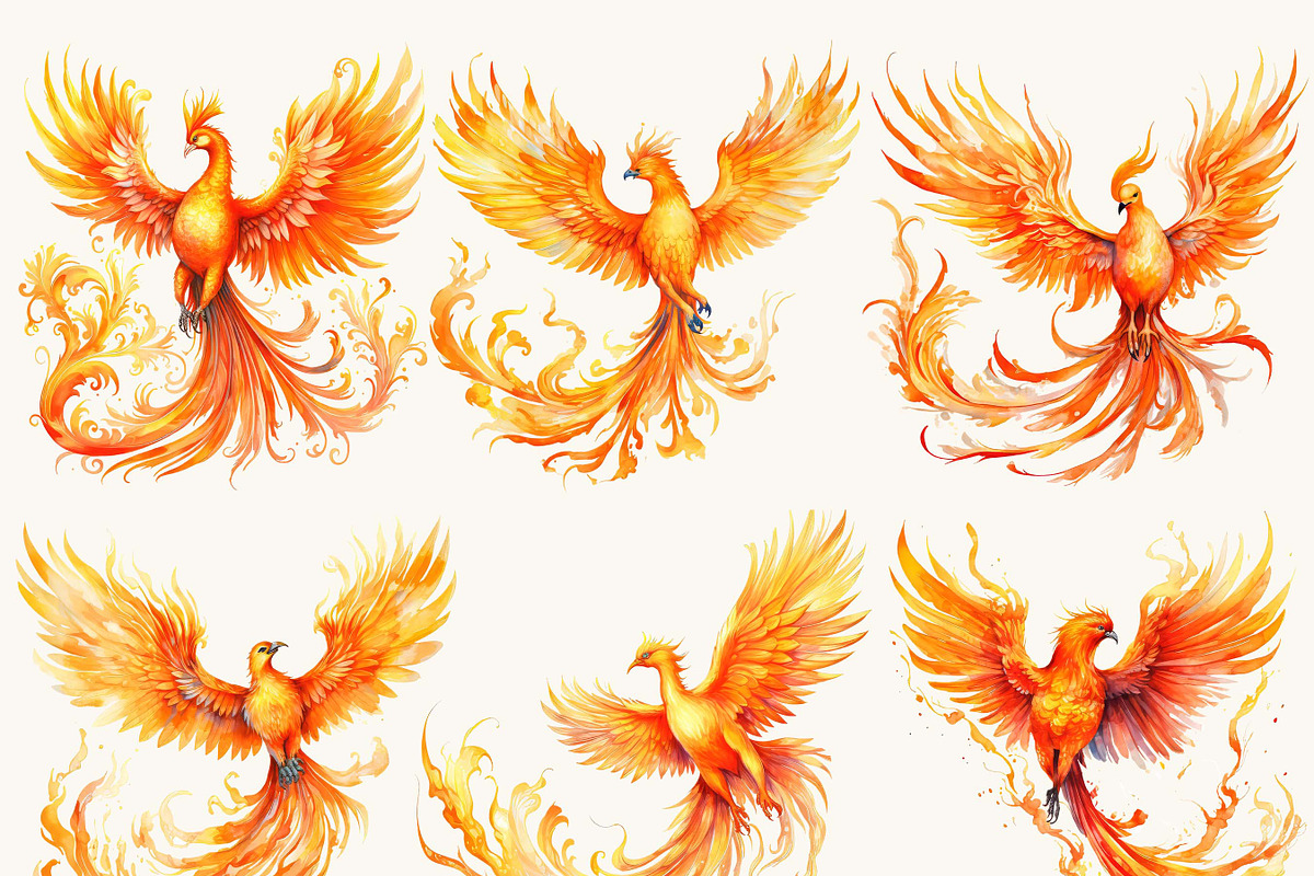 Watercolor Phoenix Clipart Bundle, an Animal Illustration by BusyDaydesign (Photo 3 of 8)