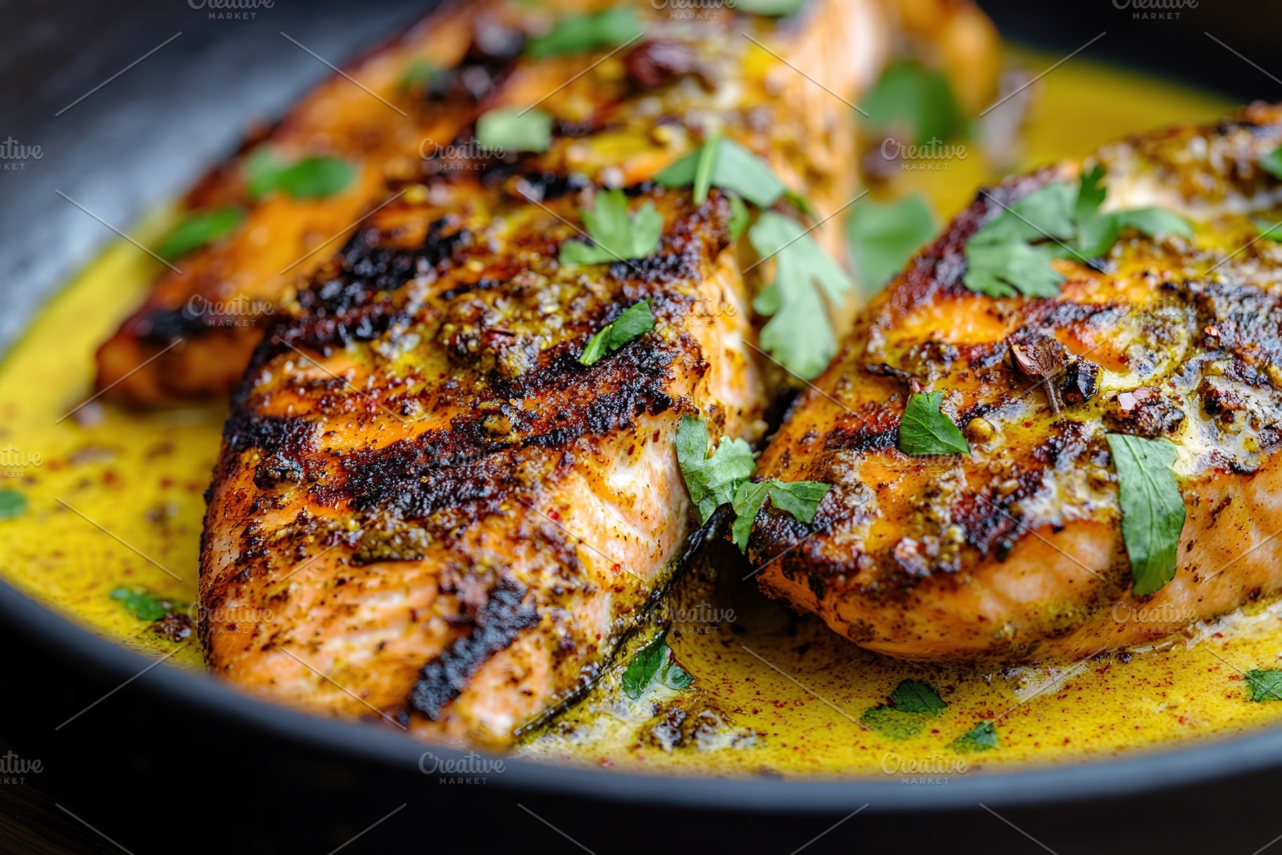 Tasty grilled salmon with spices on plate, a Food & Drink Photo by AlyaAnd