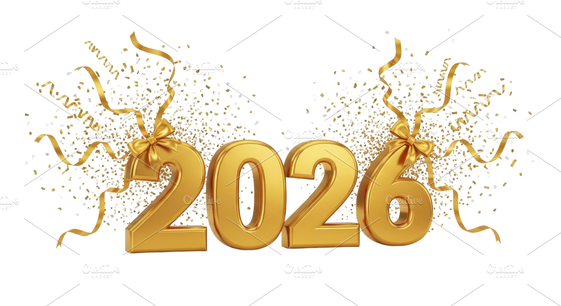 2026 New Year, Gold Confetti Ribbon, a Photo by Pixeness Studio