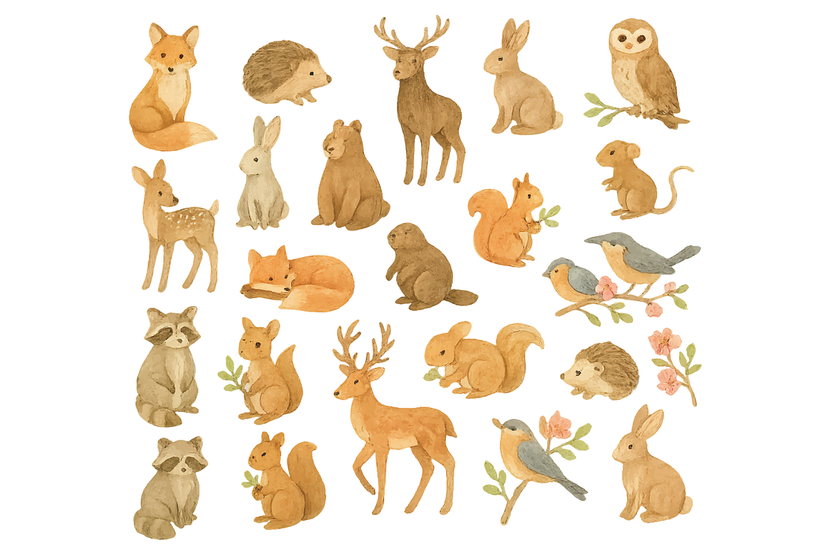 Cute Forest Animals Watercolor, an Object Graphic by nikagraphic