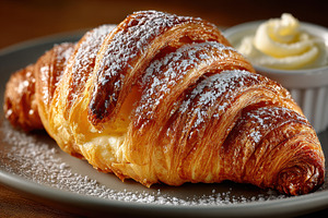 Delicious croissant with powdered sugar and whipped cream, a Food & Drink Photo by AlyaAnd
