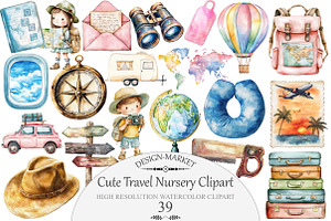 Watercolor Cute Travel Nursery Clipa, an Illustration by Design Market
